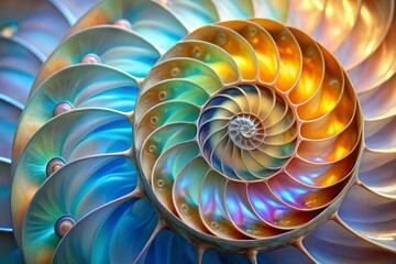 Macro view of a nautilus shell, focusing on the logarithmic spiral pattern of its chambers, with iridescent colors shimmering in the light and a soft