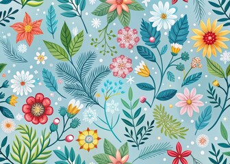 Whimsical floral pattern featuring blooming flowers for spring, lush greenery for summer, vibrant leaves for autumn, and snowflakes for winter, set against a soft