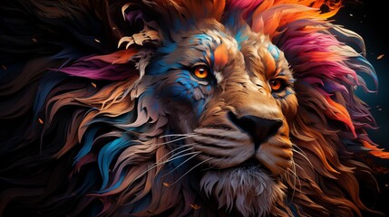 Lion, the head of a lion in a multi-colored flame. Abstract multicolored profile portrait of a lion head on a black background.