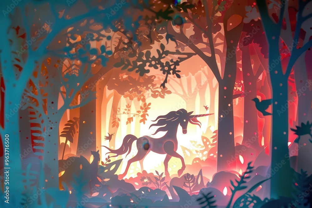 Poster A unicorn wanders through a vibrant enchanted forest, illuminated by soft light during twilight, surrounded by enchanting foliage and gentle creatures
