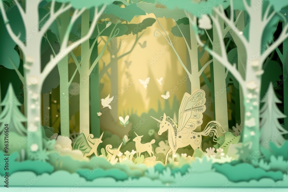 Poster A unicorn wanders through a vibrant enchanted forest, illuminated by soft light during twilight, surrounded by enchanting foliage and gentle creatures