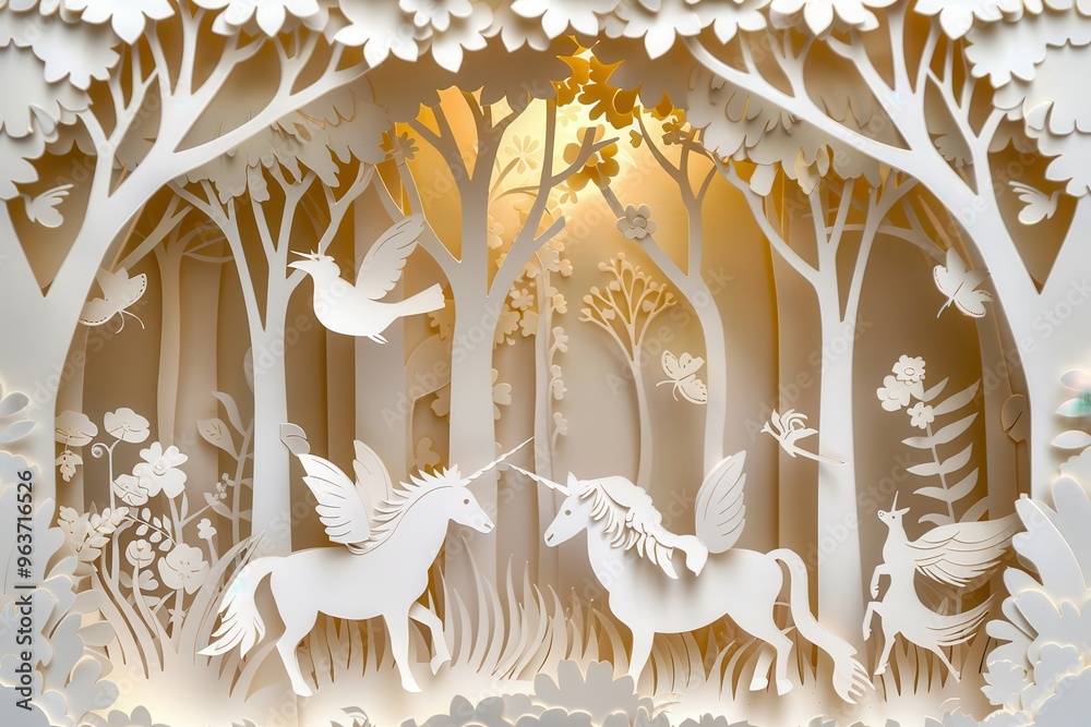 Poster A unicorn wanders through a vibrant enchanted forest, illuminated by soft light during twilight, surrounded by enchanting foliage and gentle creatures