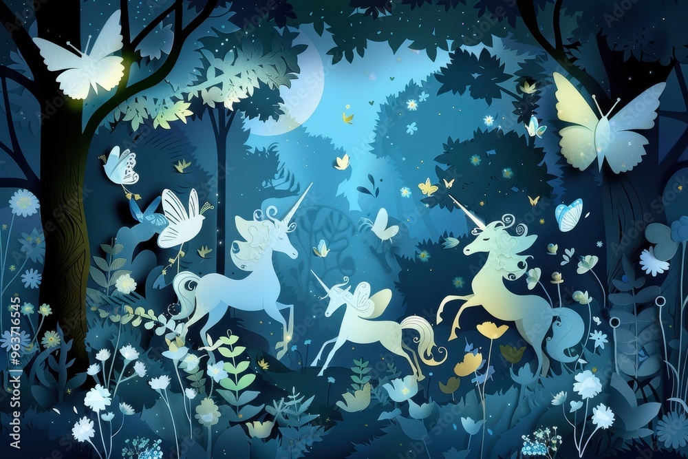 Poster A unicorn wanders through a vibrant enchanted forest, illuminated by soft light during twilight, surrounded by enchanting foliage and gentle creatures