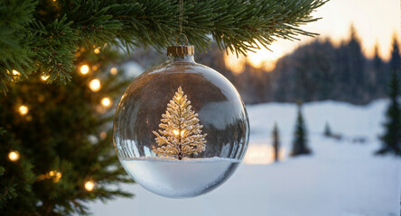 A Christmas tree ornament is suspended from a tree branch. The ornament is a clear glass ball with a small tree inside of it. The tree is lit up, creating a warm and festive atmosphere