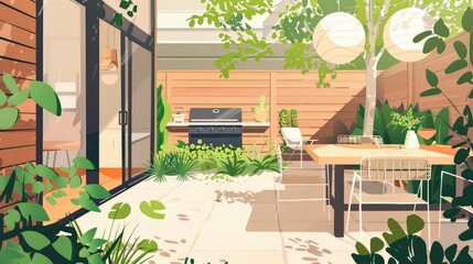 Fototapeta premium Modern Backyard Patio with BBQ Grill and Dining Area