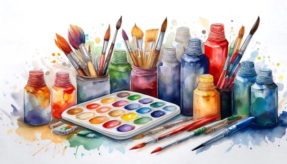 Fototapeta premium Art Class Supplies Scene - watercolor illustration of art class items assortment - paint tubes, brushes, paint palette, sketchbook, and scattered sheets of paper. Graphic art illustration