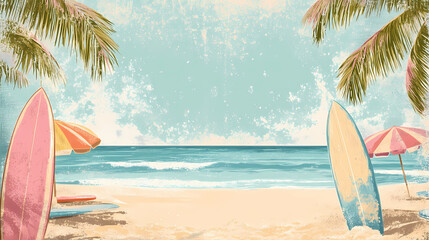 A vintage beach scene with pastel-colored umbrellas and surfboards, ideal for a summer retro banner background. Retro. Illustration