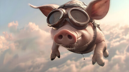 Cute pig in aviator gear flying high in the sky on an adventure in clouds.
