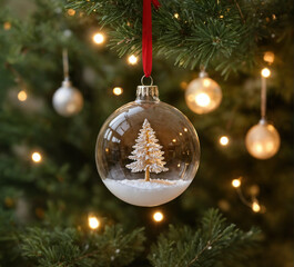 A Christmas ornament hanging from a Christmas tree with lights on it and a red ribbon hanging from the tree.