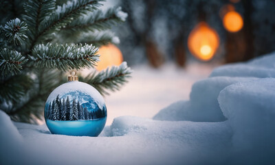 A blue Christmas ornament sits on a snowy ground. The ornament is surrounded by a winter landscape, with trees and a lake in the background. Concept of warmth and holiday cheer