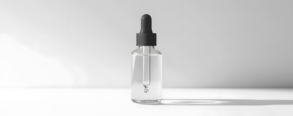 Glass Dropper Bottle with Black Lid on White Surface