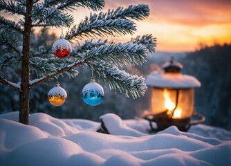 A Christmas tree with three ornaments hanging from it. The tree is surrounded by snow and a lantern. The lantern is lit, creating a warm and cozy atmosphere. Concept of holiday cheer and togetherness