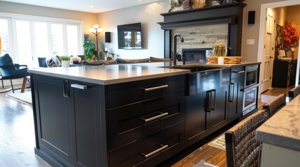 Stylish Modern Kitchen with Elegant Island and Cozy Living Space