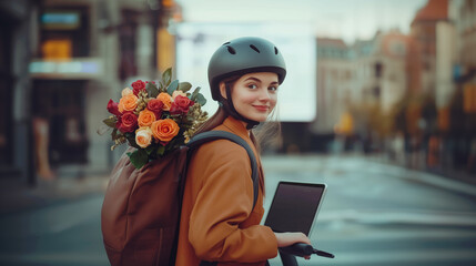 Woman on scooter carrying bouquet of roses in city street, having a tablet, screen in front of her