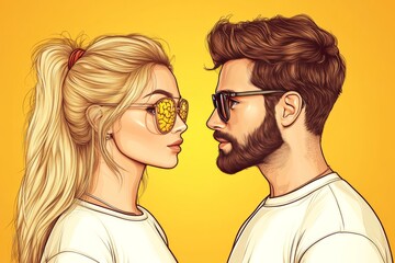 Neural resilience Cognitive organ Modern vector art of a couple in sunglasses facing each other representing intellectual connection modern relationships and shared thought processes