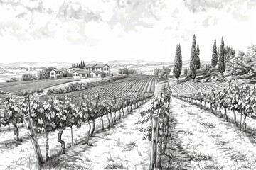 A classic view of a vineyard with rows of vines and a rustic atmosphere