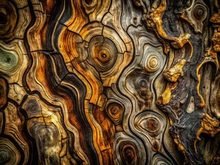 Image of tree bark pattern with a sense of movement and energy, with abstracted shapes and lines that evoke a sense of dynamic tension, set against a dark, muted background.
