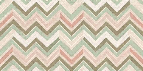 A geometric pattern of interlocking chevrons in a muted color palette of sage green, dusty pink, and cream, set against a warm beige background with subtle texture.
