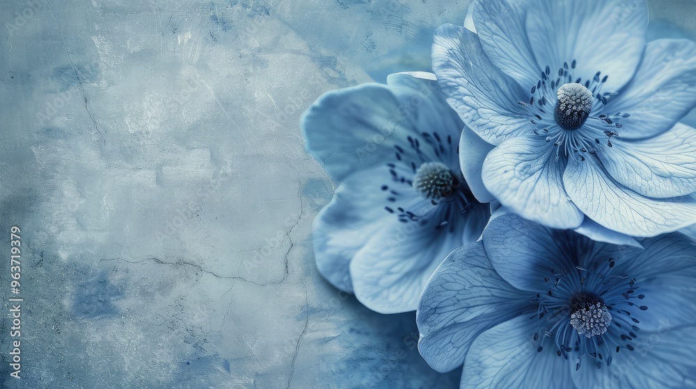 Poster Blue flowers in close-up with vintage or retro background.