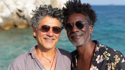 Multiracial middle aged gay couple enjoying summer day at Sea