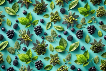 Envision a hypnotic repeating pattern of layered leaves in shades of moss and sage on a gradient blue background with scattered clusters of glossy black berries