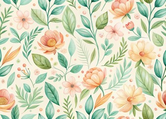 Watercolor-inspired pattern of whimsical flowers and leaves dancing on curved stems in soft hues of peach and mint on a creamy white background
