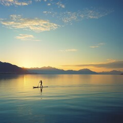 Fototapeta premium Paddleboarding Paradise: Golden Sunset Serenity Amidst Mountain Views