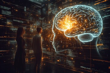 Obraz premium Brain power Cognitive organ Futuristic depiction of a glowing brain network in a cityscape symbolizing intellectual progress thought processes and innovation in a high tech setting