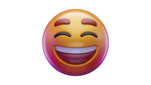 A 3D-rendered emoji with a broad smile, closed eyes, and raised eyebrows, expressing joy or laughter - Powered by Adobe