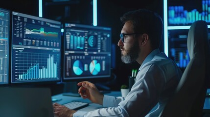 Focused Data Analyst Analyzing Charts and Graphs in Modern Office