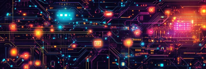 Obraz premium A vibrant and abstract digital background featuring glowing and illuminated circuits intertwined with dynamic neon colors, making it an ideal choice for modern technology themes that engage viewers