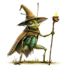 Fototapeta premium Grasshopper Sorcerer Occupation fantasy animal cartoon isolated whitebackground