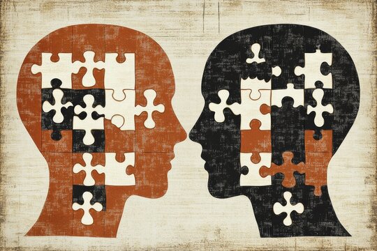 Neuronal sharpness Encephalon Vintage style illustration of two heads with contrasting puzzle pieces symbolizing duality intellectual problem solving and cognitive diversity