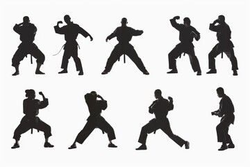 A series of silhouettes showing a man practicing karate poses, perfect for use in sports or action-themed illustrations