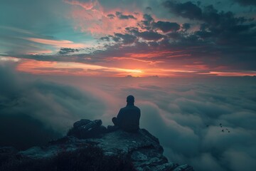 Obraz premium A person sits on top of a mountain, gazing at the breathtaking sunset