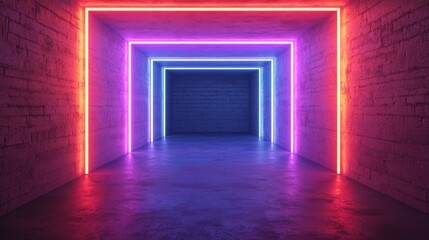 Vibrant Neon Tunnel with Glowing Frames and Concrete Floor