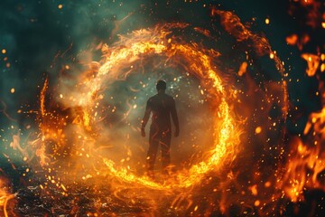 A person facing a circle of fire