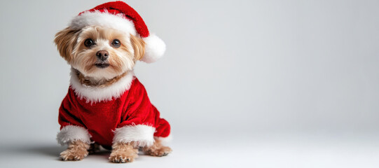 Small dog dressed in a Santa Claus outfit sitting for Christmas