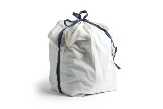A white bag tied with a blue ribbon