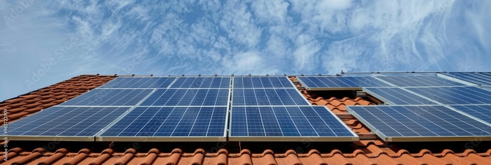 Poster Solar panels installed on a rooftop