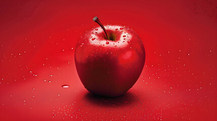 Vibrant red apple stands out on a matching scarlet background with raw, unique artistic style.
