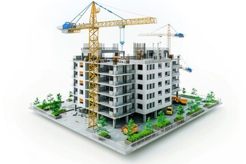Image of a building under construction with a crane on the roof, suitable for use in architecture or industry-related contexts