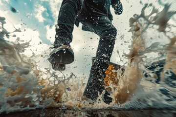 Action shot of a snowboarder in mid-air, jumping over a small puddle of water