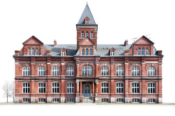 Fototapeta premium A historic red brick building with a prominent clock tower, perfect for use in illustrations about architecture, cityscapes or time-related concepts