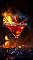 A fiery cocktail garnished with a chili pepper showcases vibrant colors and dramatic flames against a dark backdrop