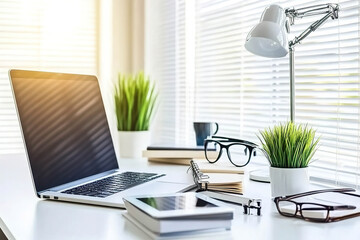 Fototapeta premium A laptop, tablet, glasses, a notebook, and a lamp are on a white desk in front of a window with blinds and plants. . Generated with AI