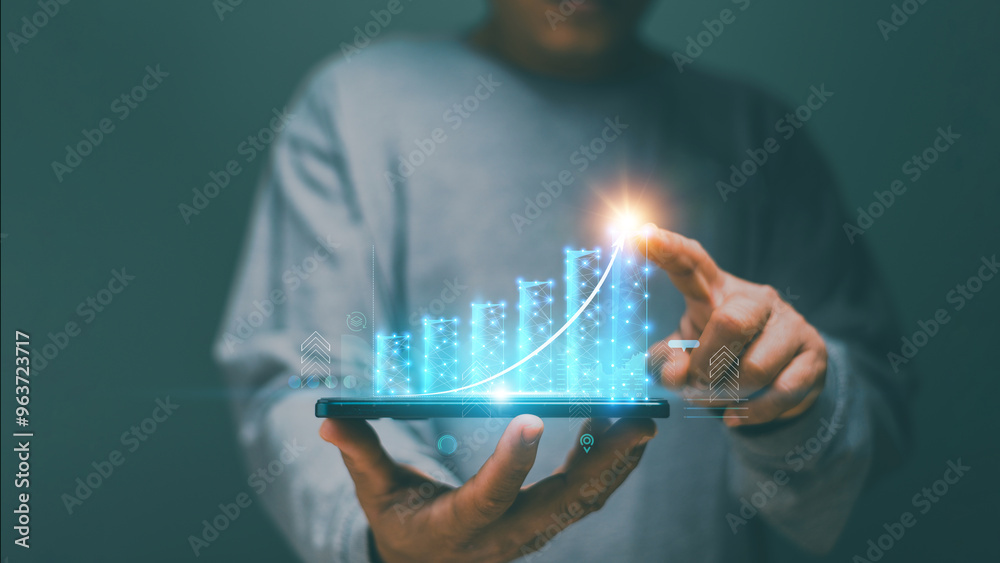 Poster business data analysis and project management concept, man holding smartphone and pointing to analyz