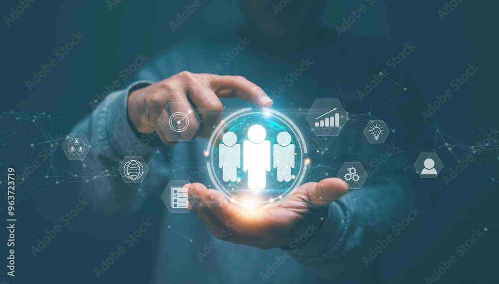 Poster customer relationship management concept, businessman holding and point to global structure of busin