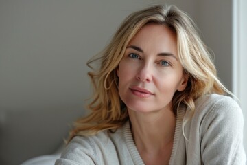 A woman sits comfortably on a couch, gazing directly into the camera lens