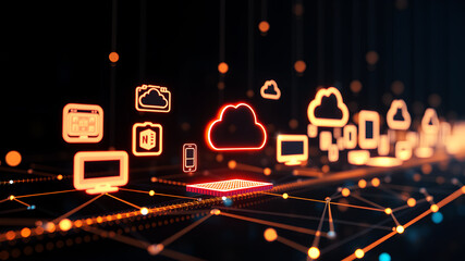 Floating 3D holographic icons representing digital devices and cloud storage, connected by bright, pulsing lines